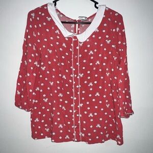 Disney Lauren Conrad pink white polka dot mini mouse rayon top peterpan collar M